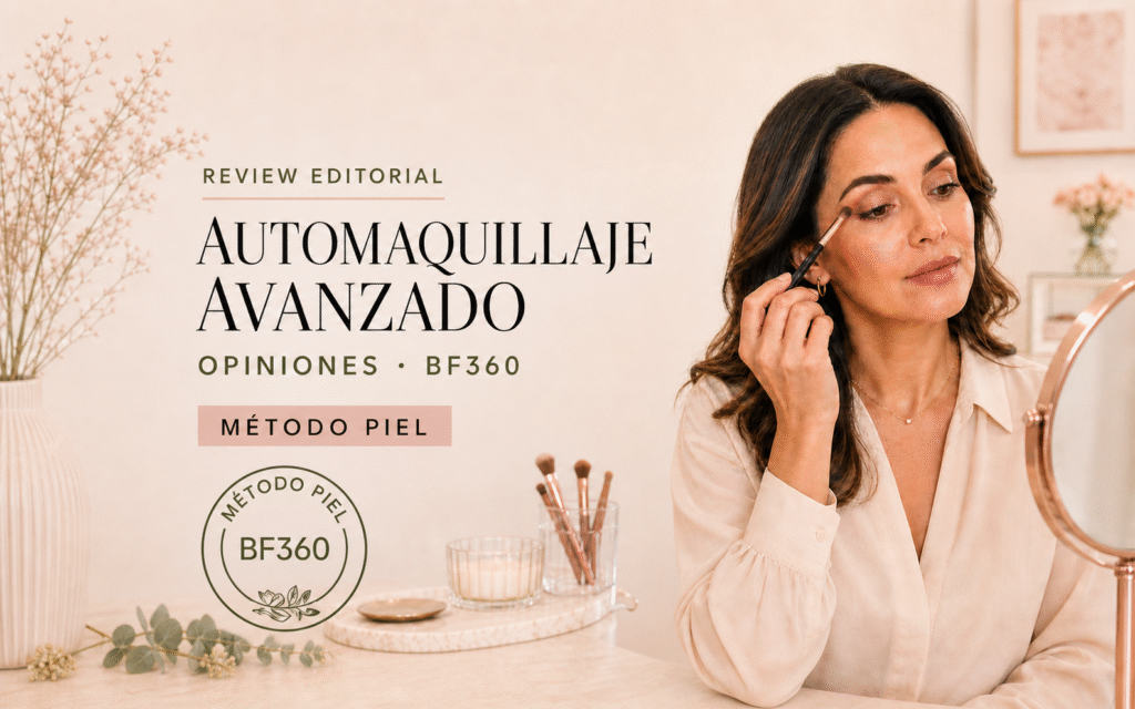 Portada editorial BF360 del Curso de Automaquillaje Avanzado: mujer aplicando sombra de ojos frente a un espejo