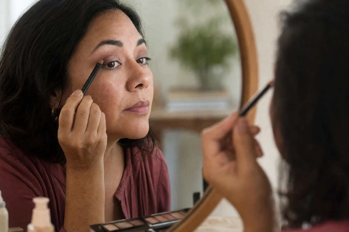 Mujer practicando la aplicación de sombra de ojos con un pincel frente al espejo