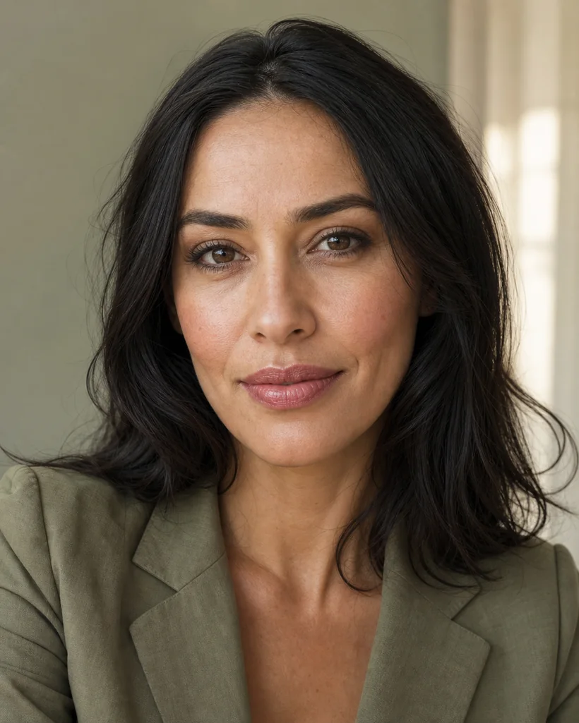 Retrato de una mujer adulta con maquillaje natural en tonos bronce y rosa