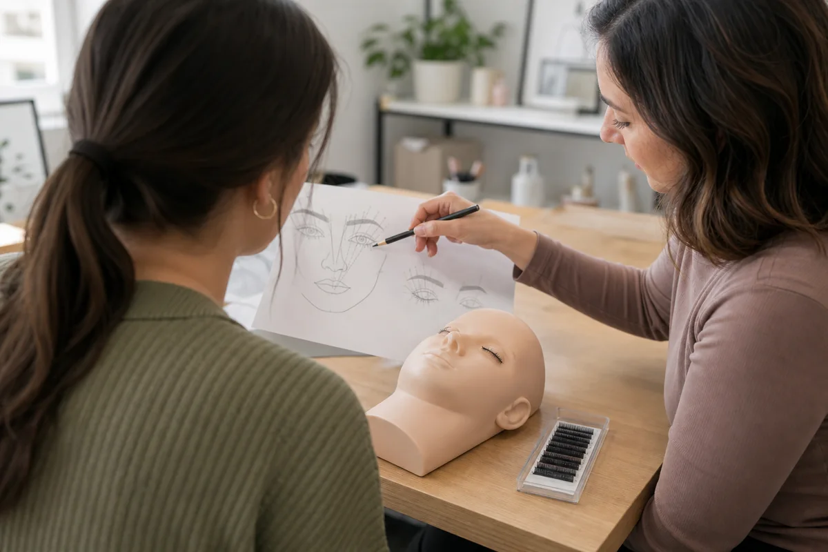 Instructora revisando un ejercicio de mapeo y pestañas sobre un maniquí