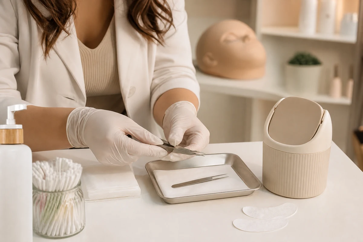 Preparación higiénica de pinzas y material desechable antes de una práctica de pestañas