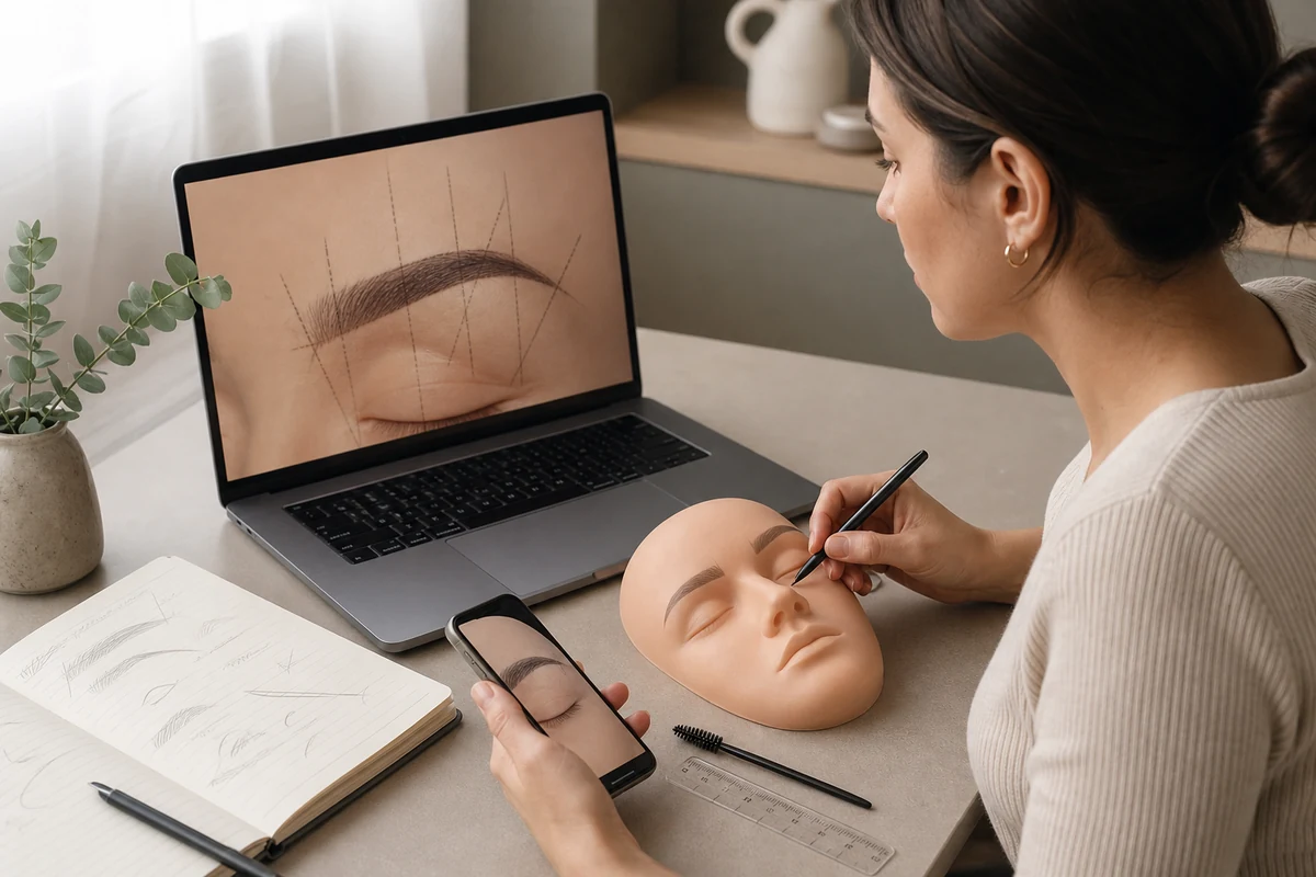 Alumna comparando una lección de diseño de cejas con su práctica sobre maniquí