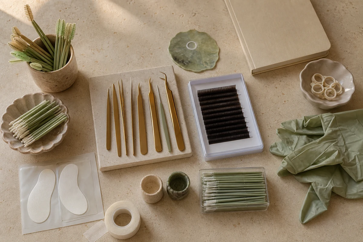 Materiales y consumibles habituales para practicar cejas y extensiones de pestañas