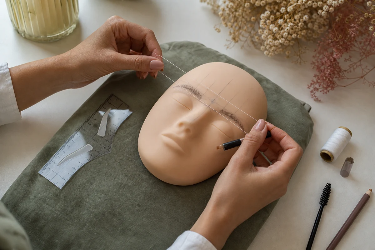 Práctica de mapeo de cejas sobre maniquí antes de trabajar con una persona