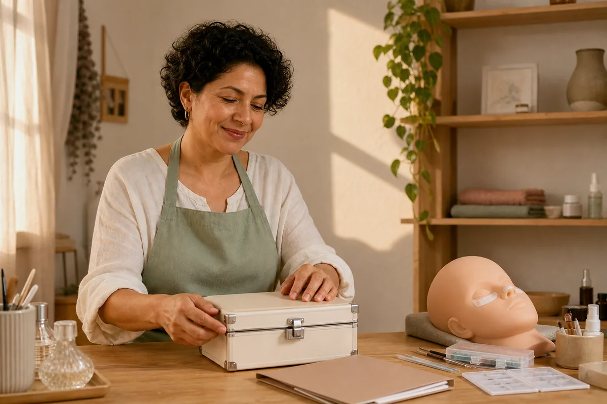 Mujer guardando su kit de práctica tras revisar con calma las condiciones de una formación de lifting