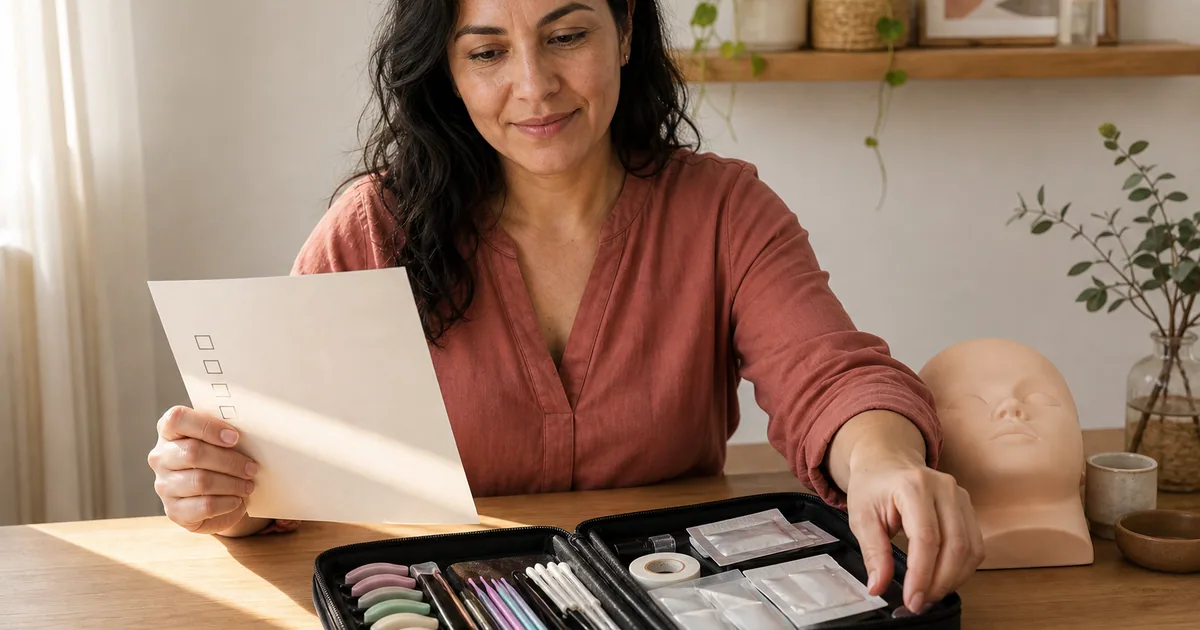 Mujer revisando una lista de comprobación junto a un kit de práctica de lifting de pestañas