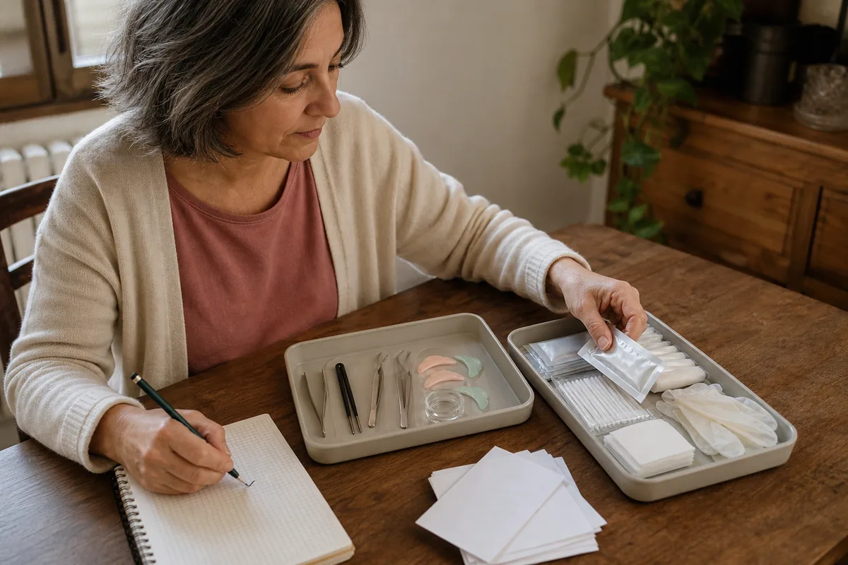 Mujer separando herramientas reutilizables y consumibles para calcular el coste real de practicar lifting de pestañas