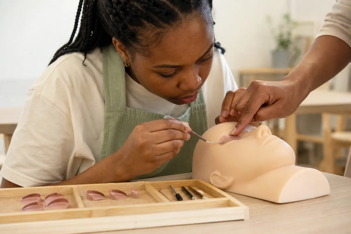 Mujer practicando la colocación de un molde de lifting sobre un maniquí con orientación de una instructora