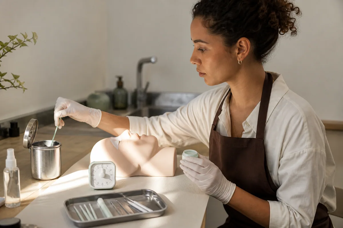Mujer comprobando el temporizador y desechando un aplicador antes de continuar una práctica sobre maniquí