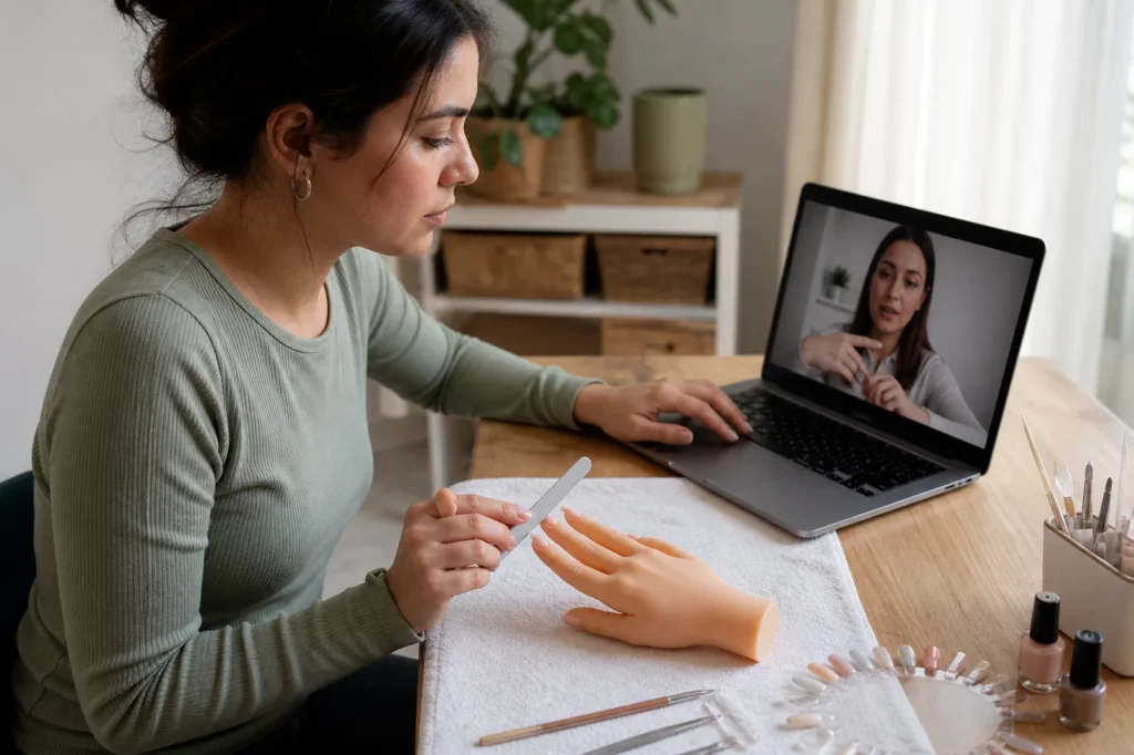 Alumna practicando manicura sobre una mano de entrenamiento mientras recibe orientación online
