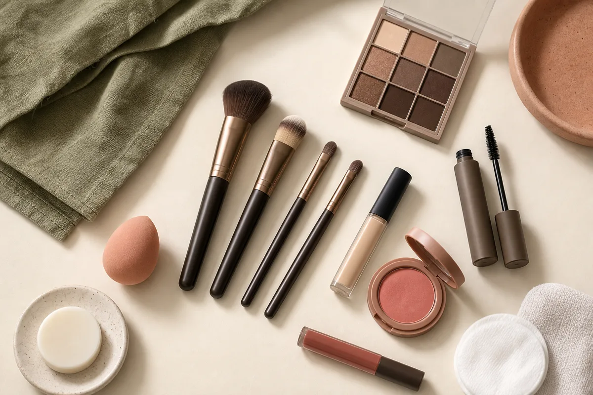 Kit básico de automaquillaje con brochas, paleta, corrector, máscara y productos de higiene
