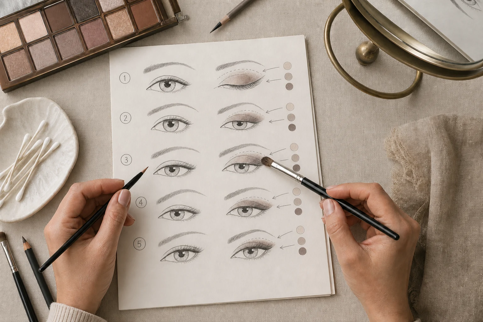 Manos comparando pinceles y ejercicios numerados sobre diferentes formas de ojos en una lámina de práctica