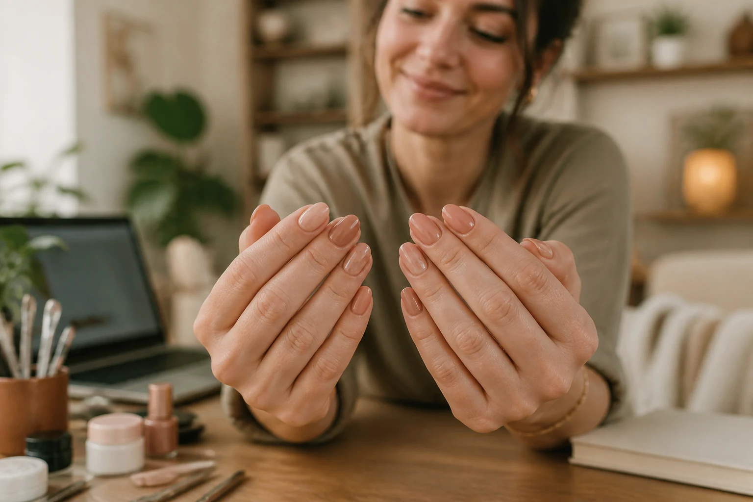 Resultado editorial de una práctica de uñas acrílicas mostrado con satisfacción