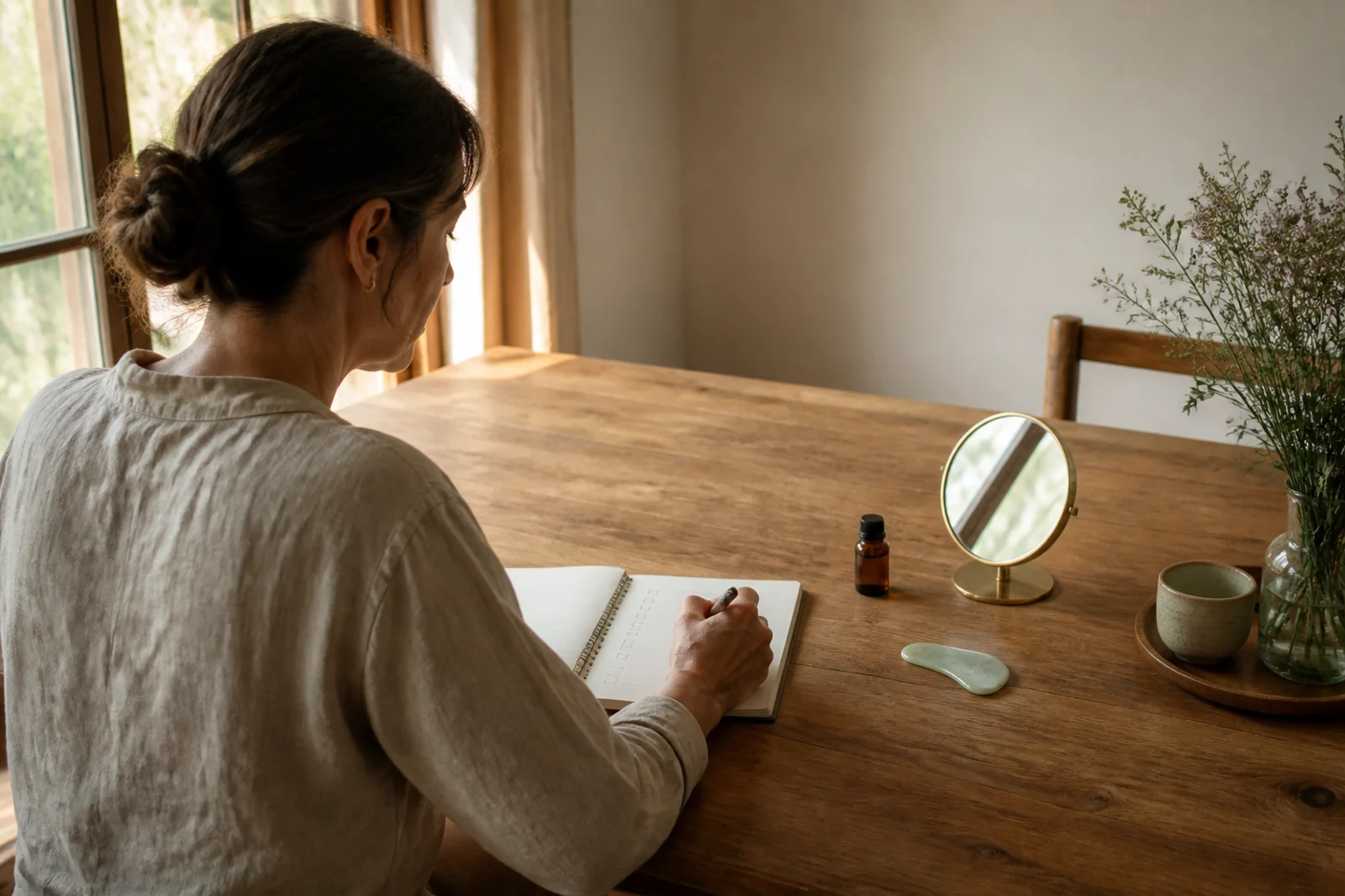 Persona sentada de espaldas escribiendo un checklist antes de iniciar una rutina de yoga facial
