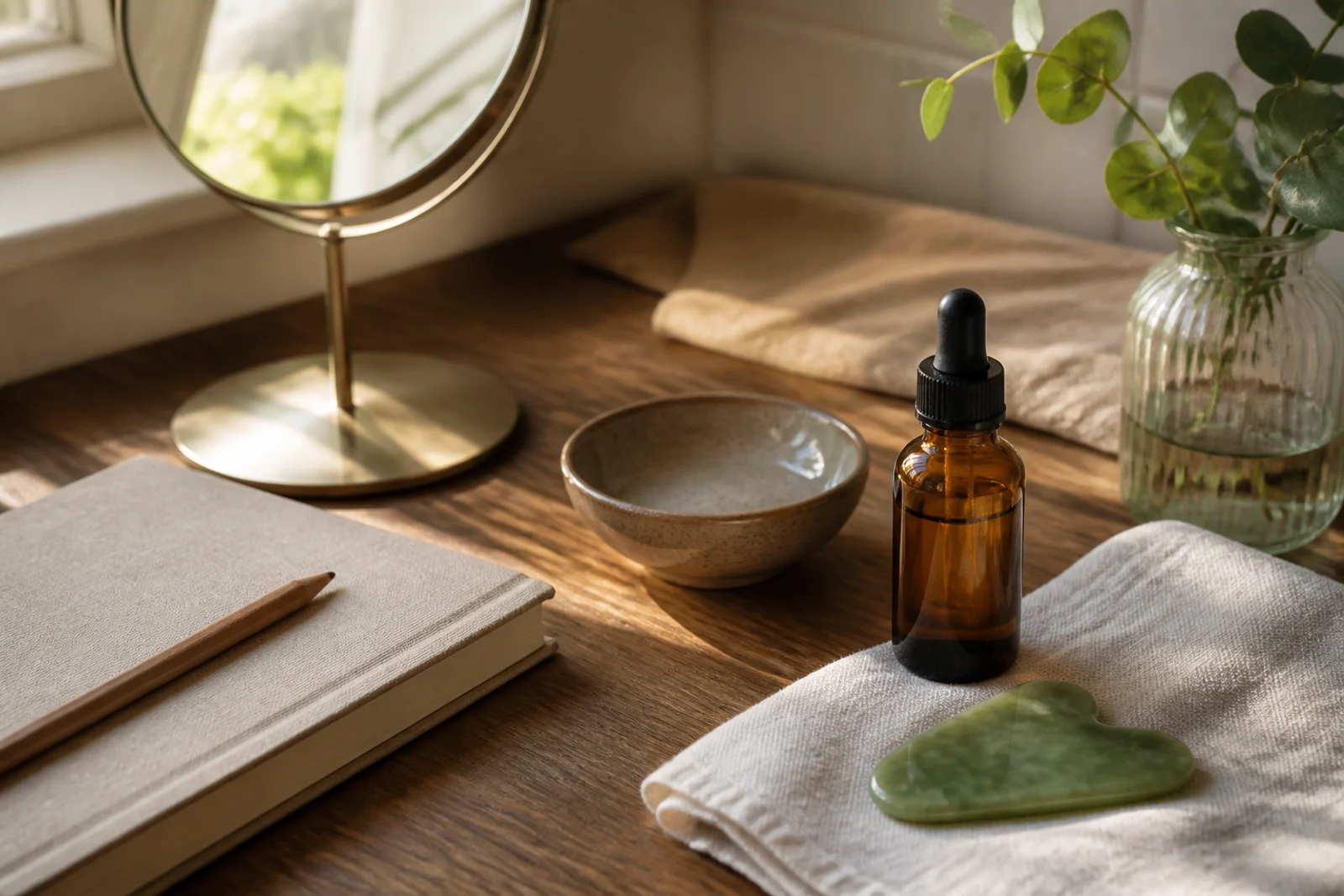 Mesa editorial con espejo, frasco ámbar sin marca, Gua Sha y libreta para decidir una rutina de yoga facial con aceites esenciales