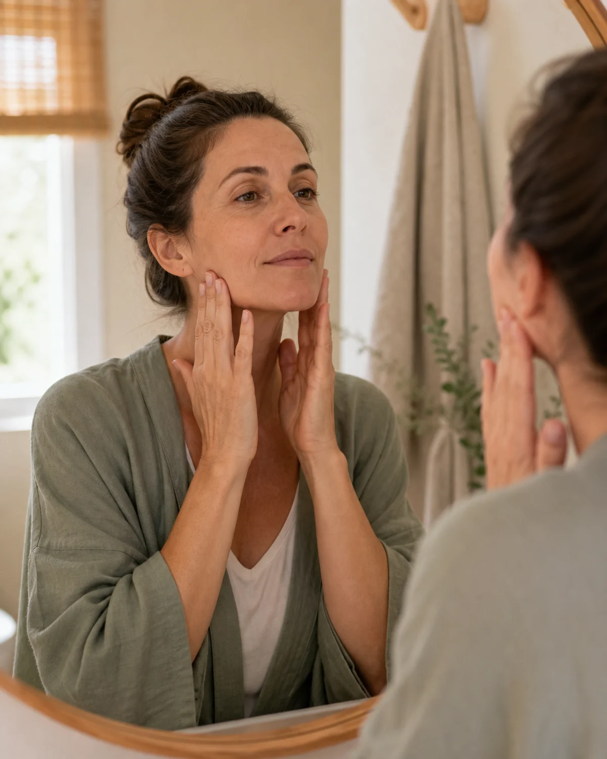 Mujer realizando un gesto suave de yoga facial frente a un espejo
