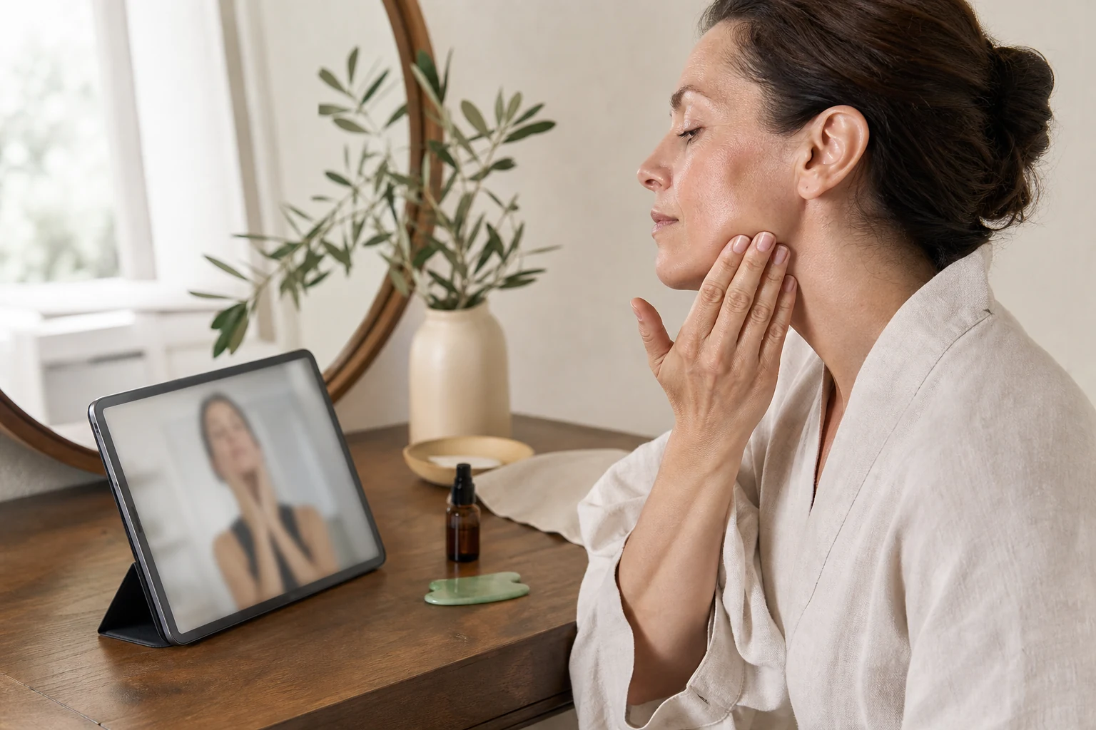 Mujer siguiendo una demostración de yoga facial en una tableta mientras practica un gesto suave en la mandíbula