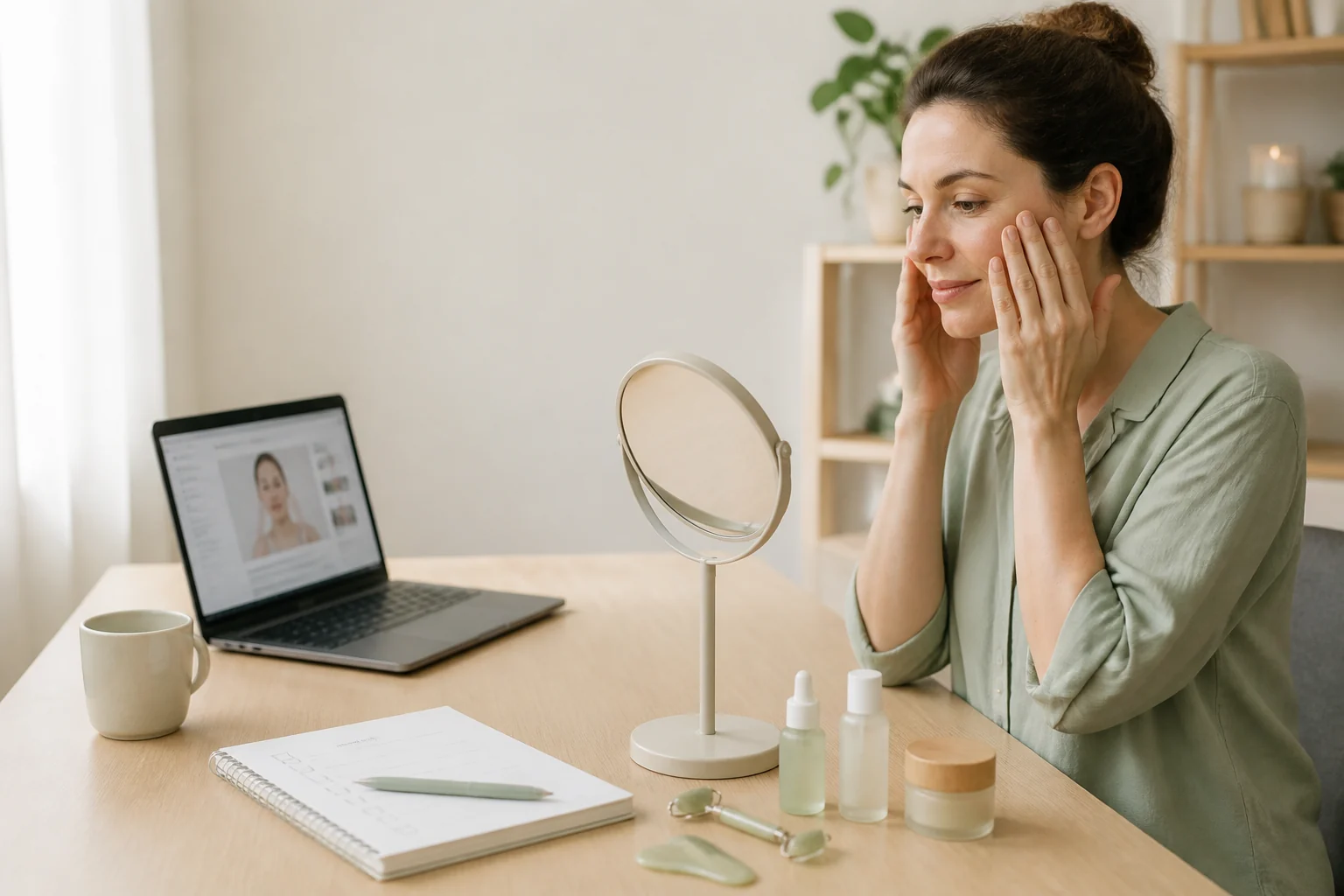 Yoga Facial con Aromaterapia: mujer practicando ejercicios faciales suaves frente a un espejo