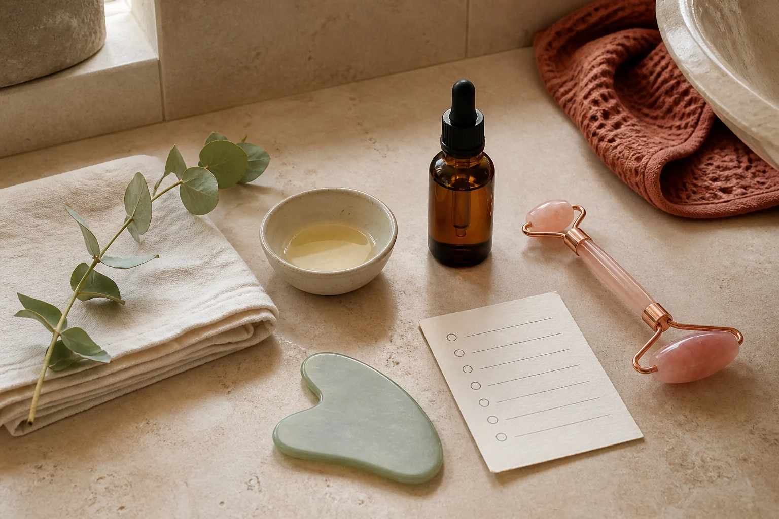 Gua Sha, rodillo facial, frasco ámbar sin marca y cuenco de aceite sobre una superficie de piedra clara