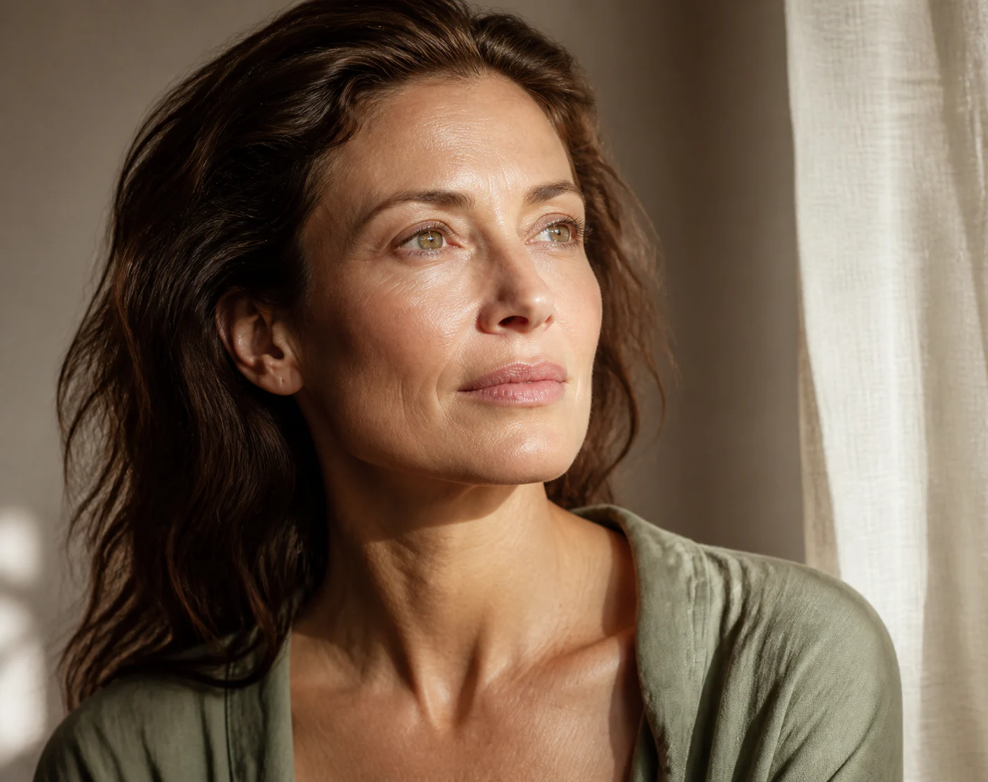 Retrato editorial de una mujer con piel natural en luz de ventana tras un momento de autocuidado