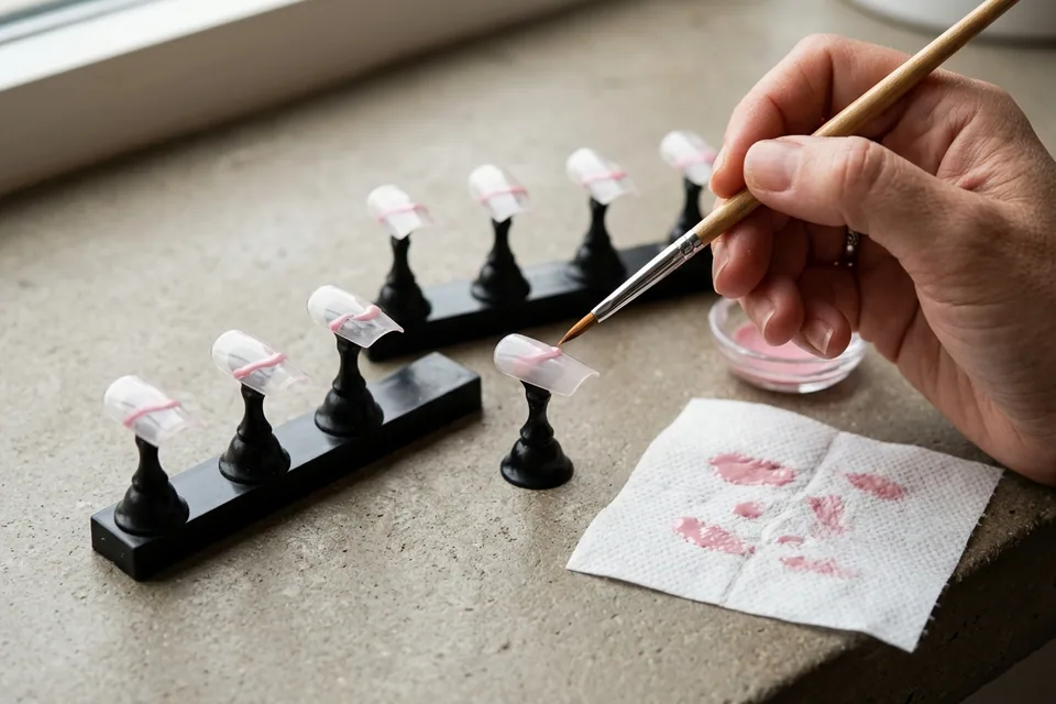 Mano practica trazos rosas sobre tips artificiales colocados en soportes