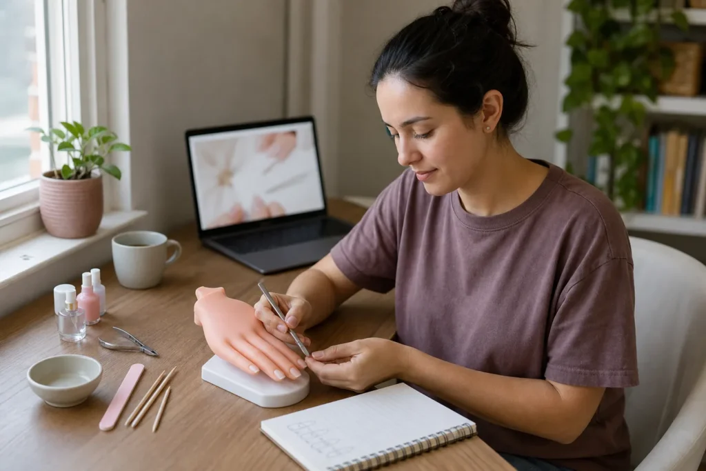 Principiante practica una manicura sobre una mano de entrenamiento mientras revisa una lección y toma notas