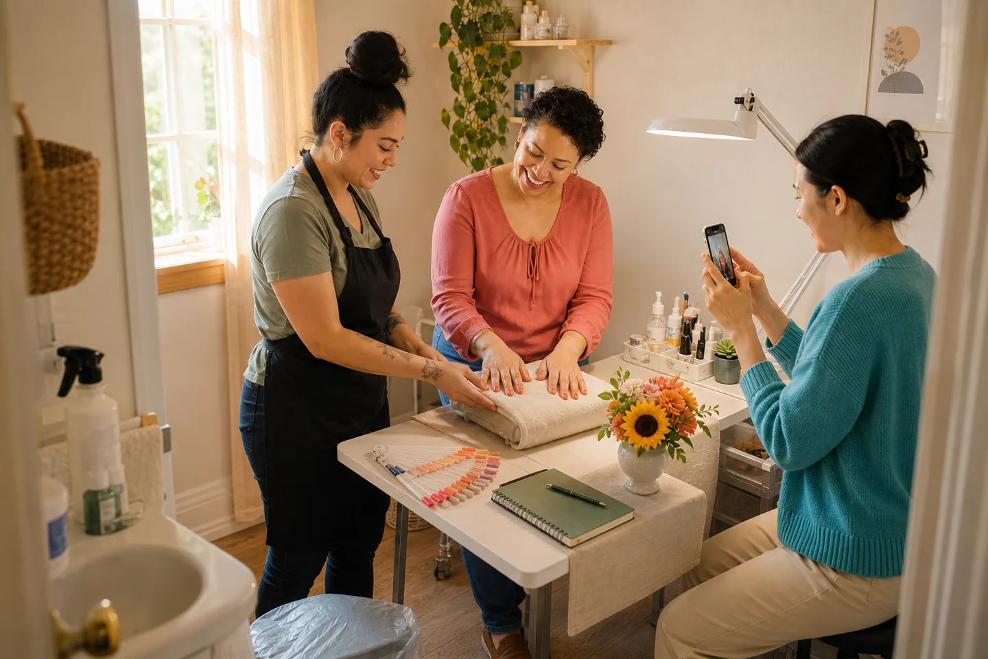 Emprendedora de uñas fotografía un resultado sencillo junto a dos personas en su futuro espacio de trabajo