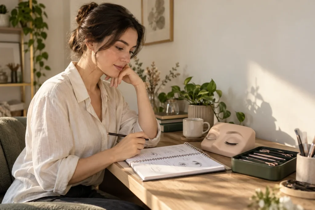 Estudio de cejas y pestañas pelo a pelo con libreta y cabeza de práctica; recreación editorial