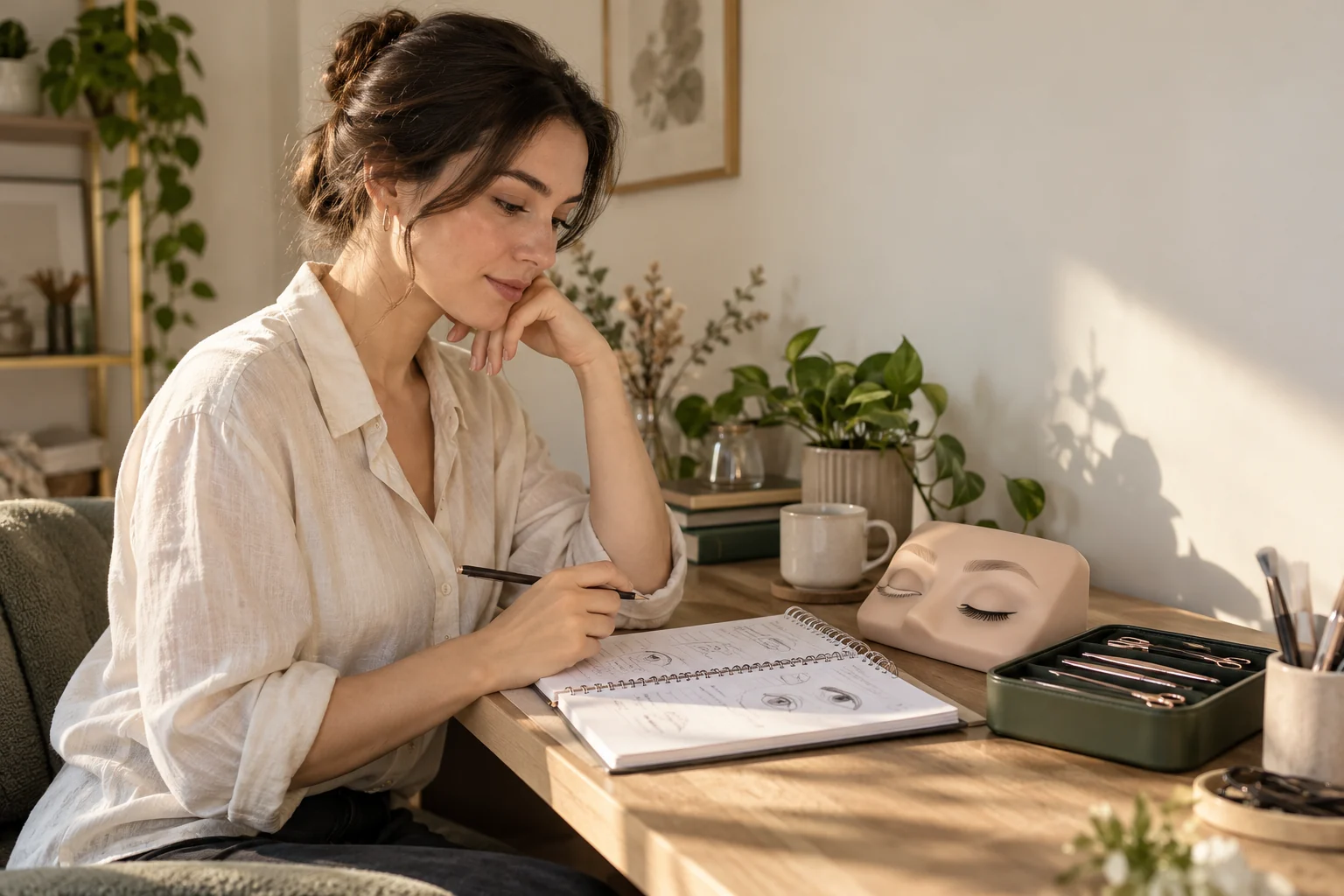 Estudio de cejas y pestañas pelo a pelo con libreta y cabeza de práctica; recreación editorial