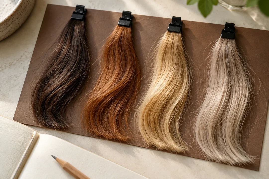 Cuatro mechas de práctica con tonos castaño, cobrizo, dorado y beige.