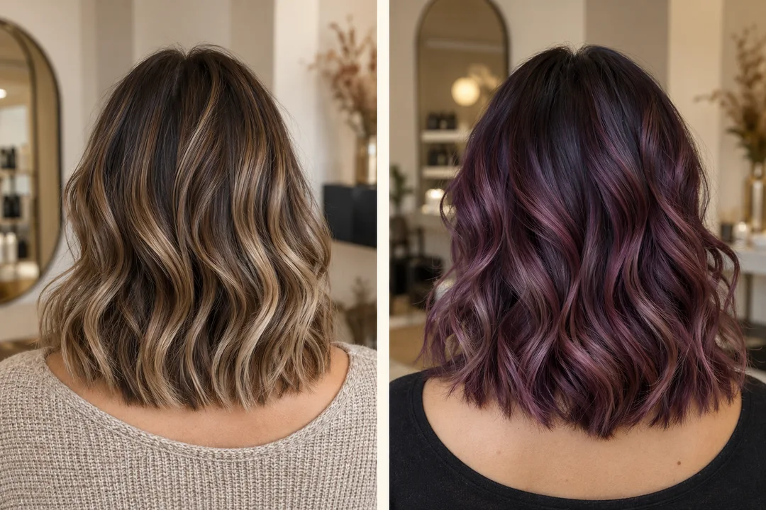 Dos cabellos vistos de espaldas: mechas beige y color ciruela violeta.