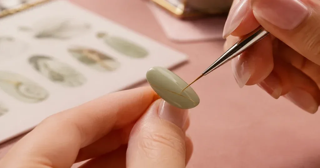 Pincel fino trazando una línea dorada sobre un tip verde de práctica de nail art