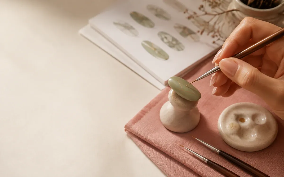 Pincel fino decorando un tip de práctica verde durante una práctica de nail art