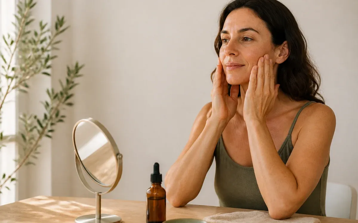 Yoga Facial con Aromaterapia: mujer practicando ejercicios faciales suaves frente a un espejo