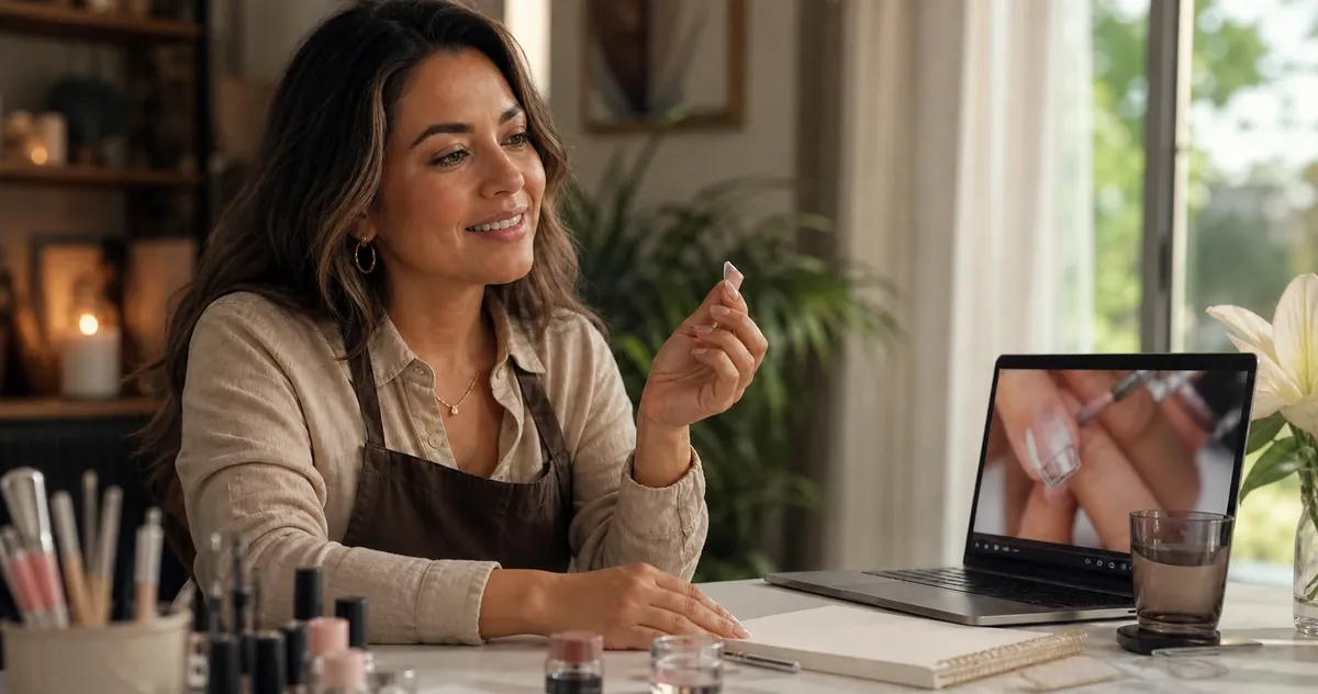 Mujer comparando una práctica de uñas con una formación online antes de leer Master en Uñas Acrílicas opiniones