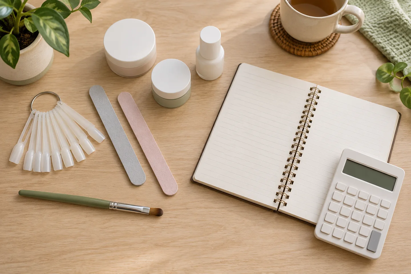 Materiales de ensayo, cuaderno y calculadora para planificar el coste de aprender manicura