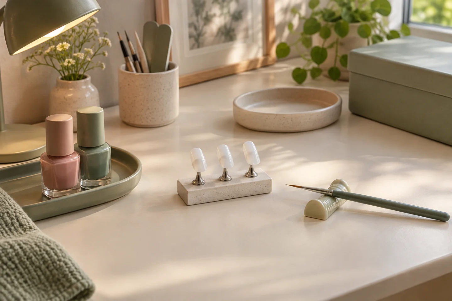 Detalle de una mesa de manicura en casa con tres tips, un pincel y una selección pequeña de materiales