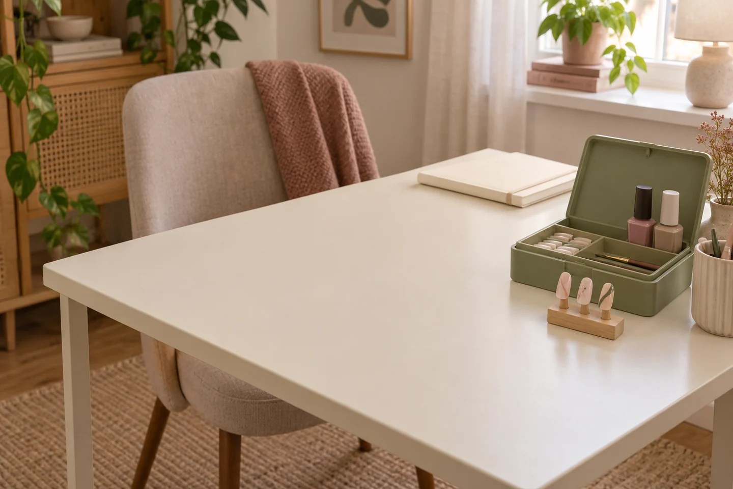 Mesa doméstica despejada con una caja compacta, botes cerrados y tres tips de práctica junto al material recogido