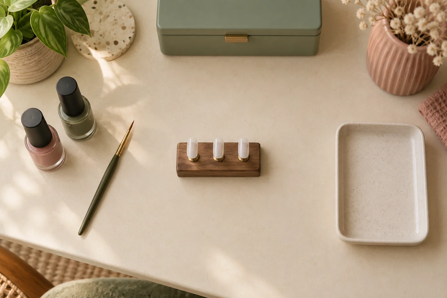 Vista cenital de una mesa de manicura en casa: tips en el centro, materiales a la izquierda, bandeja a la derecha y reserva al fondo