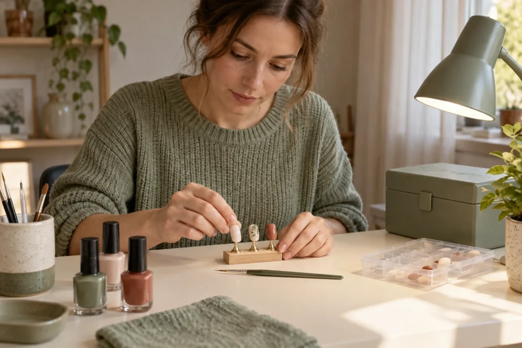 Organizar una mesa de manicura en casa: práctica sobre tips con luz y materiales preparados